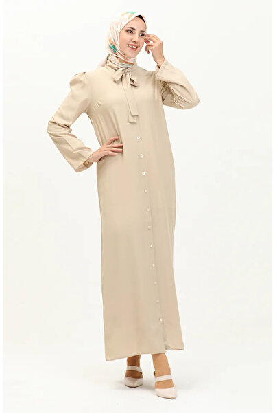sefamerve Φόρεμα με κουμπιά μπεζ γιακά γραβάτα 5111-01
