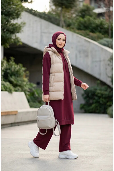 sefamerve Two-Thread Hooded Two-Piece Set 3084-02 Cherry Rot