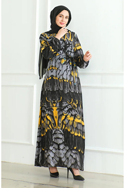 sefamerve Φόρεμα ανθρακί βισκόζης - με σχέδιο και φύλλο 0496-03