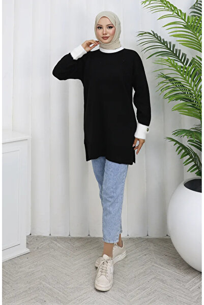 sefamerve تريكو بأكمام مزينة بأزرار بقطع قماش مخيطة معاً تونيك 3000-01 أسود