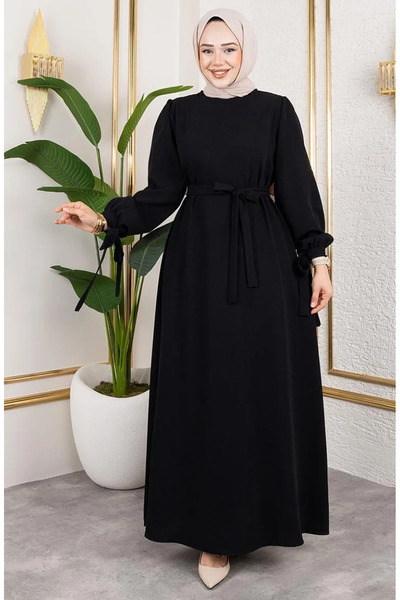 sefamerve Rochie Hijab cu șireturi la manșetă 7121-05 Negru