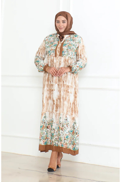 sefamerve Beige Colored Patterned Viscose Plus Size Dress 5071-04