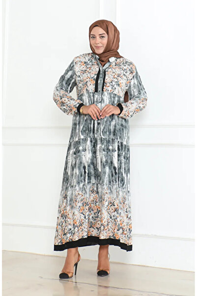 sefamerve Φόρεμα βισκόζης με σχέδιο Plus Size 5071-02 Γκρι