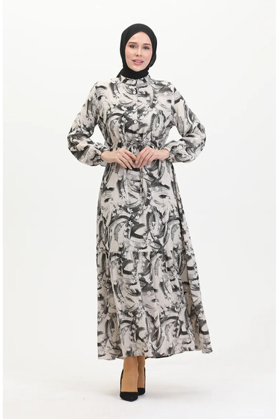 sefamerve Λινό φόρεμα - Μπροστινά κουμπιά και κορδόνια επάνω, μπεζ μαύρο 0520...