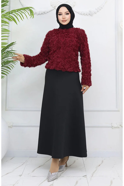 sefamerve Μπλούζα με ανάγλυφο τριαντάφυλλο 41185-02 Claret Red