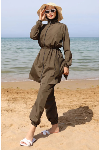 sefamerve Hijab Beli Lastikli Çantalı Tesettür Mayo 5035-04 Haki