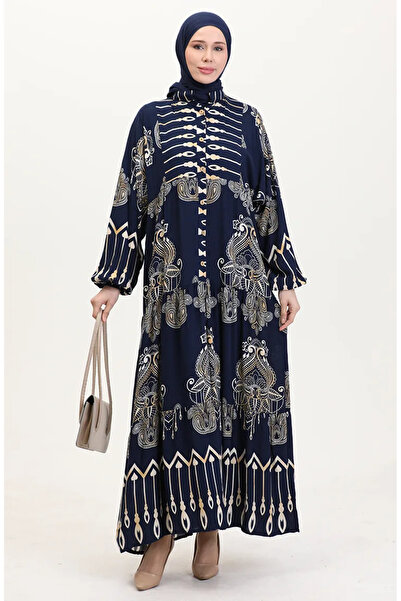 sefamerve Φόρεμα με κουμπιά από ύφασμα βισκόζης 2014-03 Navy