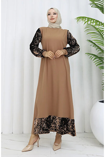 sefamerve Βραδινό φόρεμα με παγιέτες Mink - Μοντέλο 0305-04