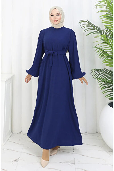 sefamerve Kolu lastikli Kuşaklı Elbise 2161-06 Saks