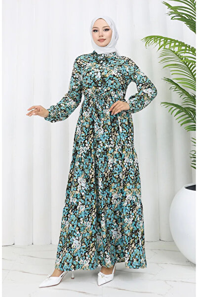 sefamerve Turquoise Floral Print Half Button Spring Dress - 0361-01