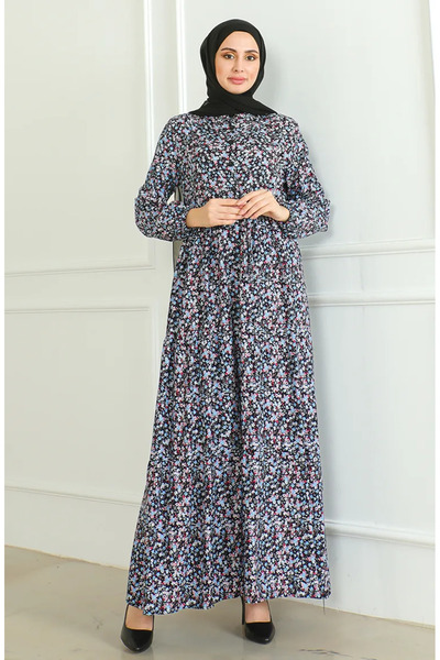 sefamerve Μαύρο τιρκουάζ φόρεμα με σχέδιο βισκόζης - μισά κουμπιά, μοντέλο 05...