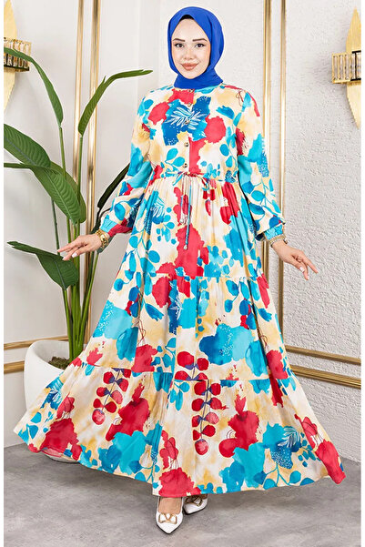 sefamerve Φόρεμα με κορδόνια από ύφασμα βισκόζης 7124-05 Τιρκουάζ