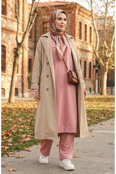 sefamerve Pantaloni tunică cu două fire Set dublu 0549-01 Dusty Rose