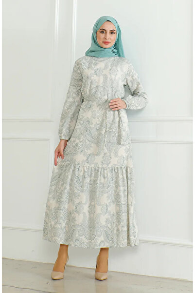 sefamerve Πράσινο λινό φόρεμα με στάμπα και φύλλο 0471C-05