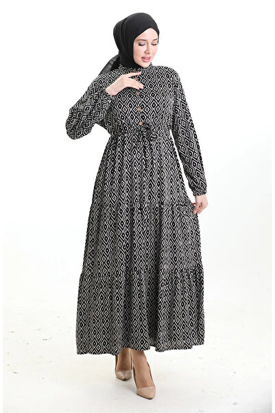 sefamerve Φόρεμα με γεωμετρικό σχέδιο με κορδόνια στη μέση 0195-01 Μαύρο