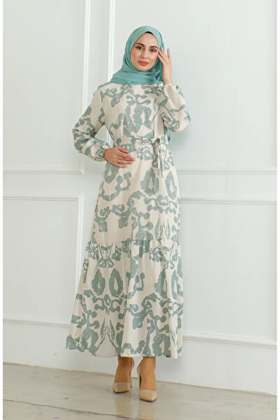 sefamerve Λινό Φόρεμα 0471D-01 - Μπεζ Πράσινο Πράσινο με στάμπα και φύλλα