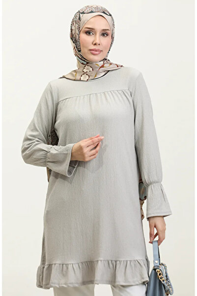 sefamerve Bürümcük Kumaş Etek Ucu Büzgülü Tunik 0404DA-05 Gri