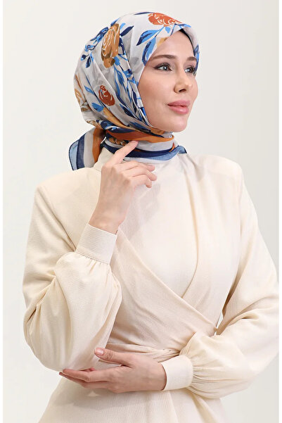 sefamerve وشاح قطني منقوش 2074-01 خردل أزرق داكن