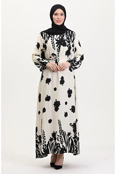 sefamerve Φόρεμα βισκόζης με μοτίβο ζώνης - Κρεμ μαύρο (0018-05)