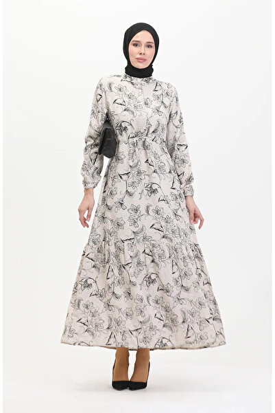 sefamerve فستان كتان بأزرار أمامية وأربطة 0520-01 بيج أسود