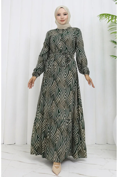 sefamerve فستان منقوش من قماش الفسكوز 4074-03 كاكي