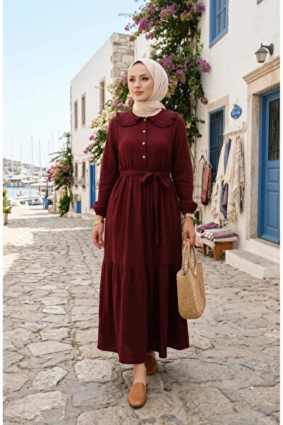 sefamerve Müslin Kumaş Fırfır Yaka Beli Kuşaklı Elbise 0253-06 Bordo