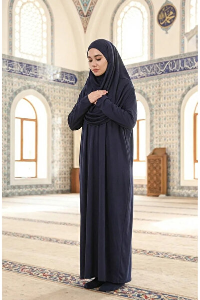 sefamerve 1973-07 Navy Blue Practical Bag Prayer Dress