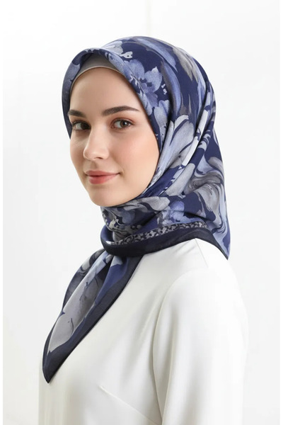sefamerve Desenli Kehribar Eşarp 70325-08 Lacivert
