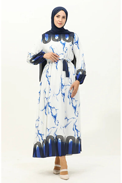 sefamerve Saks White Digital Printed Waist Gathered φόρεμα - 1115-02