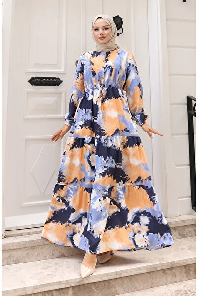 sefamerve فستان مودال بخصر مربوط 0160-03 بيج أزرق بحري