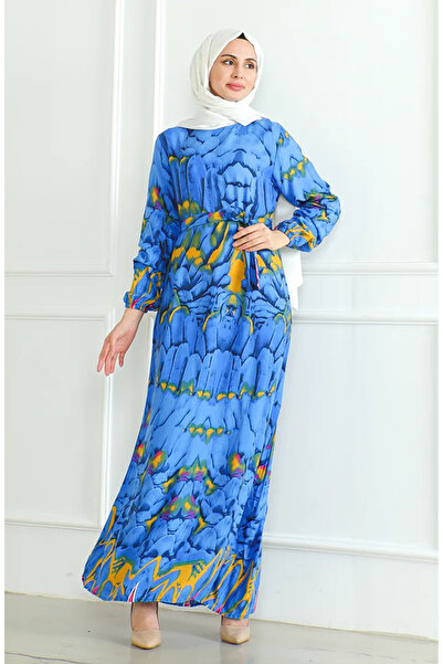 sefamerve Φόρεμα μπλε βισκόζης - με μοτίβο και φύλλο 0496-04