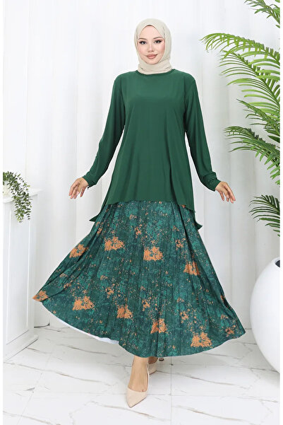 sefamerve Sandy υφασμάτινη φούστα διπλό κοστούμι 2073-03 Emerald Green