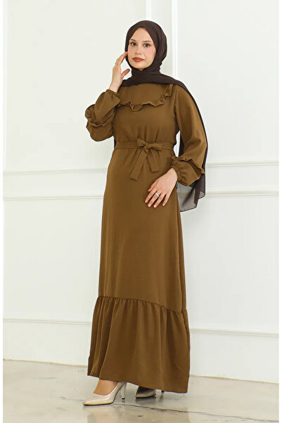 sefamerve Aerobin Fabric - Καφέ Φόρεμα με βολάν και φύλλο 0478-05