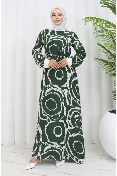 sefamerve فستان فيسكوز أبيض كاكي - تفاصيل مضلعة وحزام 0447-03