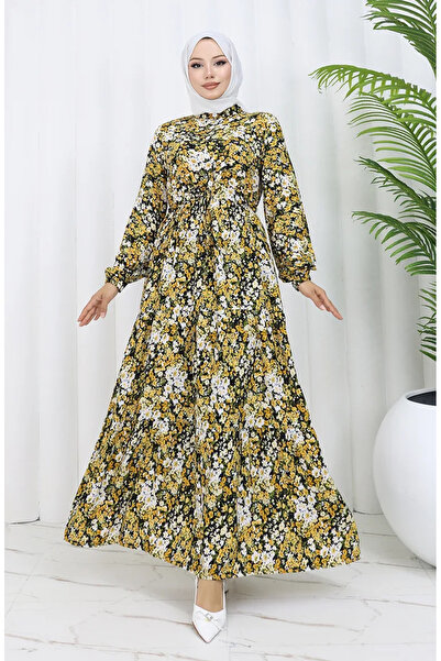 sefamerve Ανοιξιάτικο φόρεμα με κίτρινο φλοράλ στάμπα - Μισό κουμπί επάνω 036...