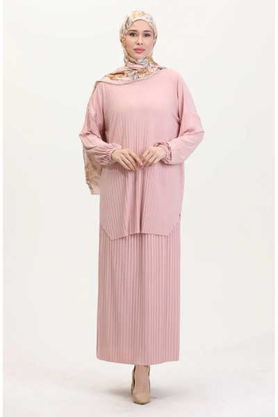 sefamerve Piliseli Tunik Etek İkili Takım 0015-04 Pudra