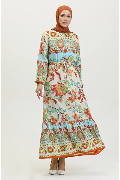 sefamerve Φόρεμα μπεζ μουστάρδα με μοτίβο από βισκόζη - 0384-02