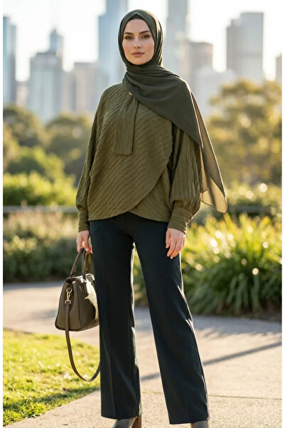 sefamerve بلوزة بياقة ربطة عنق 71370-03 أخضر زيتي