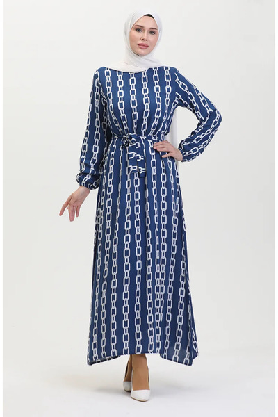 sefamerve Φόρεμα με ελαστικό μανίκι με μπλε αλυσίδα - 0453-02