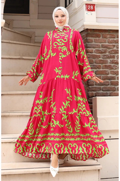 sefamerve فستان نصف أزرار من قماش الفيسكوز 2081-01 أخضر فوشيا