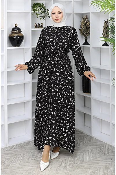 sefamerve Desenli Kuşaklı Elbise 2049-04 Siyah