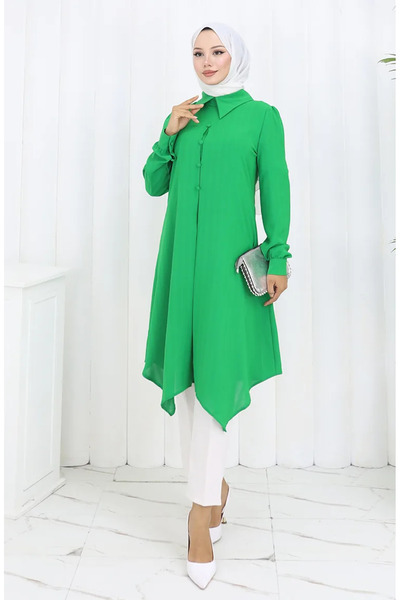 sefamerve Printed Buttoned Tunic 1102-03 Emerald Green