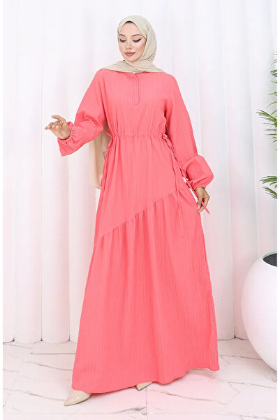 sefamerve Eteği Büzgülü Elbise 2157-04 Pembe