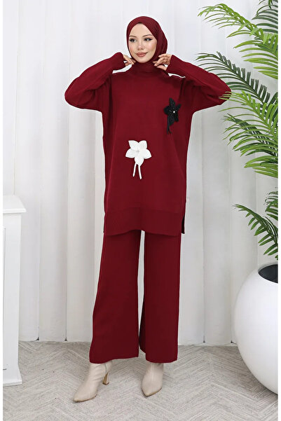 sefamerve طقم مكون من قطعتين بنطلون تونيك مزين بالزهور 1077-06 أحمر كلاريت