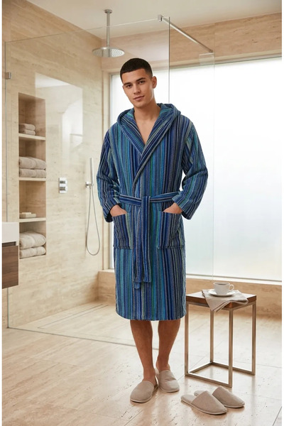 Lucy and Home %100 Pamuk Erkek İpliği Boyalı Çizgili Kadife Bornoz