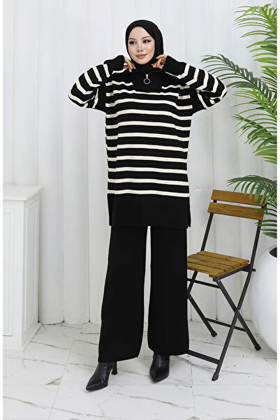 sefamerve Knitted turtleneck striped tunic pants two-piece set 1107-07 black