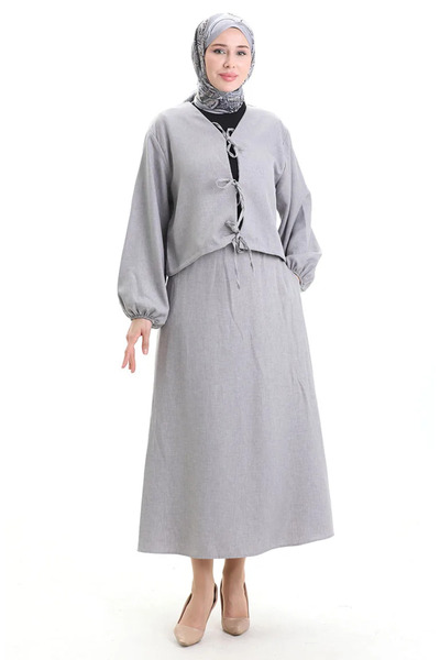 sefamerve Δαντελένια Λεπτομερής Μπλούζα Φούστα Διπλό Σετ 2066-02 Γκρι