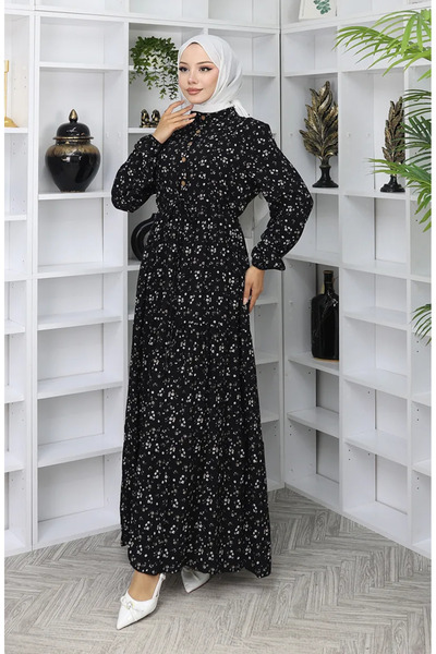 sefamerve فستان نصف زر من قماش الفسكوز 0067-04 أسود