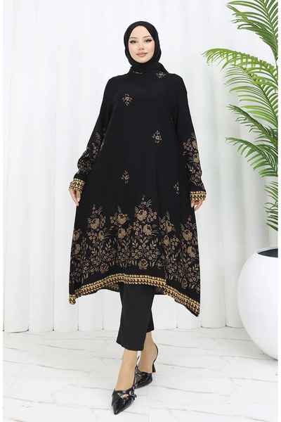 sefamerve Viskon Kumaş Çiçekli Desenli Tunik 1004-05 Siyah