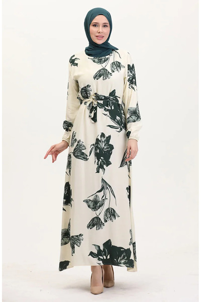 sefamerve فستان فيسكوز بحزام منقوش - 0022-01 كريمي-أخضر داكن